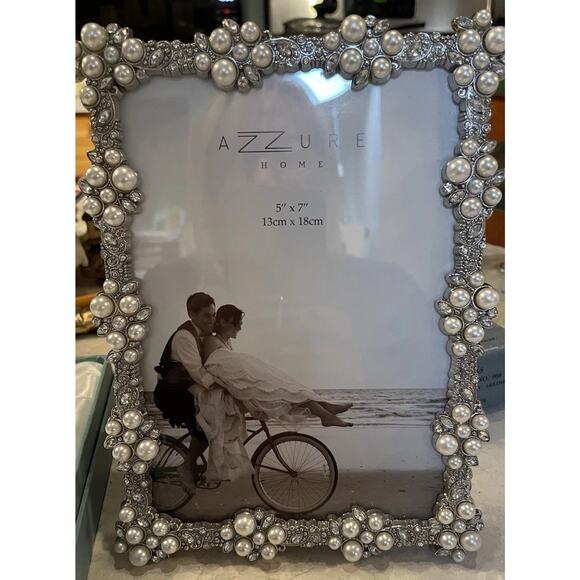 Azzure Home Pearls Rhinestones Ornate Photo Frame Wedding Picture Holds 5x7” - Picture 2 of 9